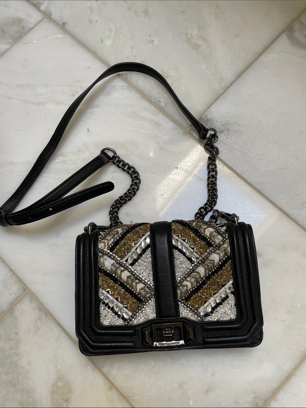 Rebecca Minkoff Black Crossbody with Gold & Silver Beading